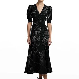 Women Dancing Girl Print Puff-Sleeve A-Line Dress v-neck